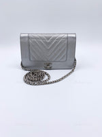 Sold-CHANEL Silver Calfskin Chevron Wallet-on-the-chain WOC Crossbody Flap Bag