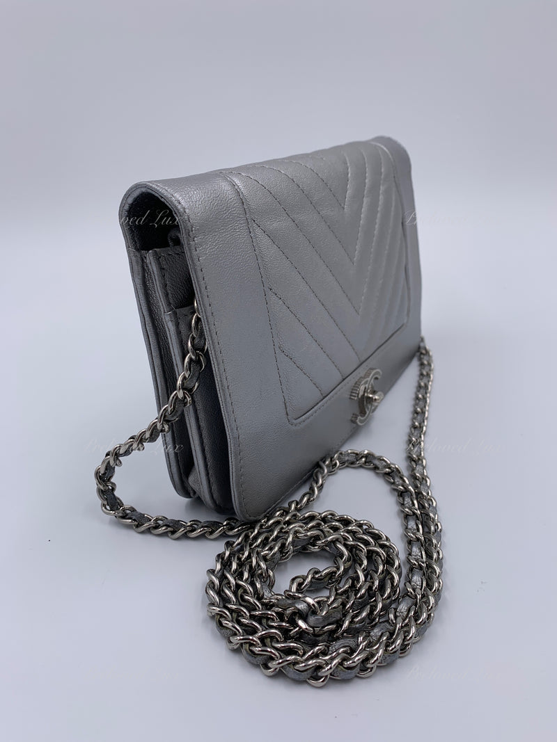 Sold-CHANEL Silver Calfskin Chevron Wallet-on-the-chain WOC Crossbody Flap Bag