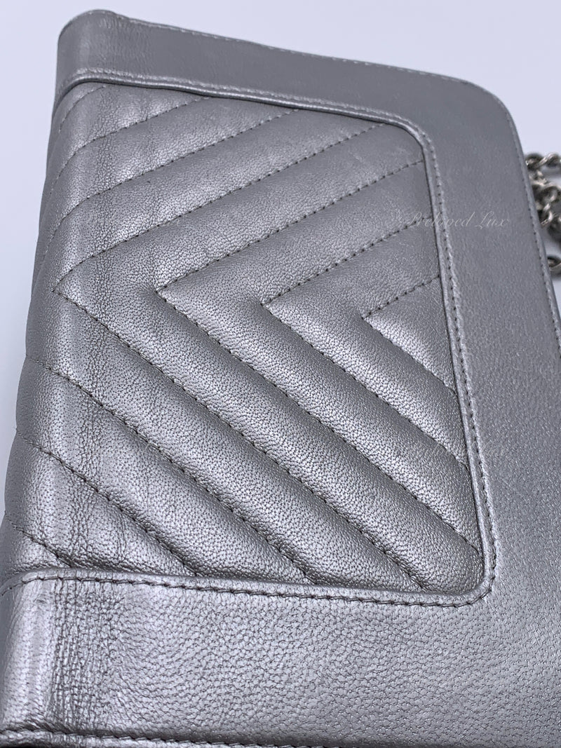 Sold-CHANEL Silver Calfskin Chevron Wallet-on-the-chain WOC Crossbody Flap Bag