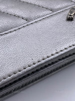 Sold-CHANEL Silver Calfskin Chevron Wallet-on-the-chain WOC Crossbody Flap Bag