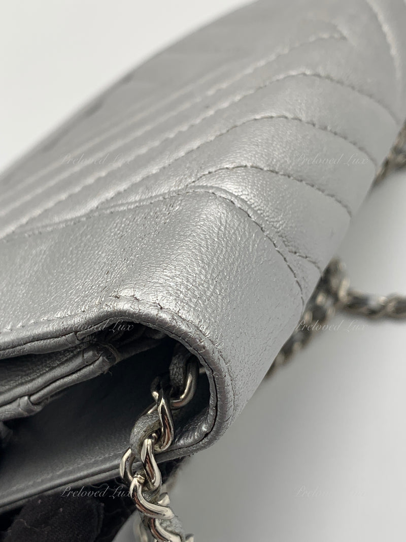 Sold-CHANEL Silver Calfskin Chevron Wallet-on-the-chain WOC Crossbody Flap Bag