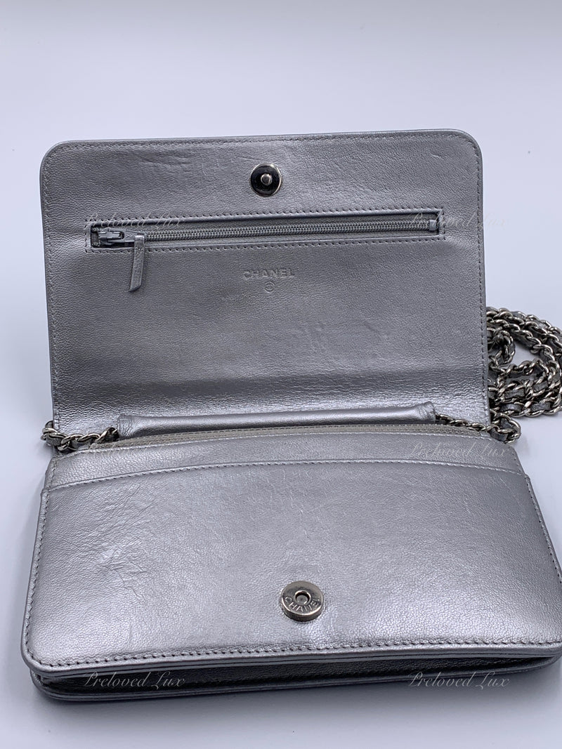 Sold-CHANEL Silver Calfskin Chevron Wallet-on-the-chain WOC Crossbody Flap Bag