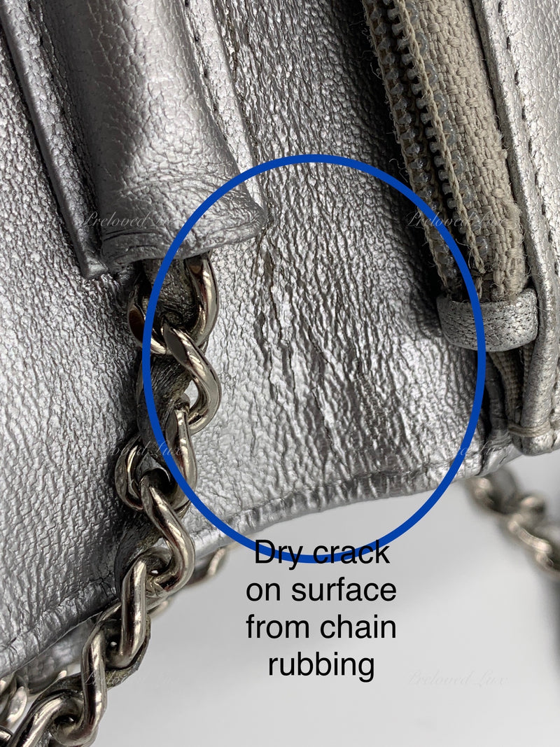 Sold-CHANEL Silver Calfskin Chevron Wallet-on-the-chain WOC Crossbody Flap Bag