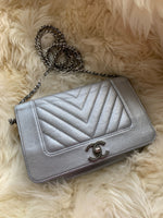 Sold-CHANEL Silver Calfskin Chevron Wallet-on-the-chain WOC Crossbody Flap Bag