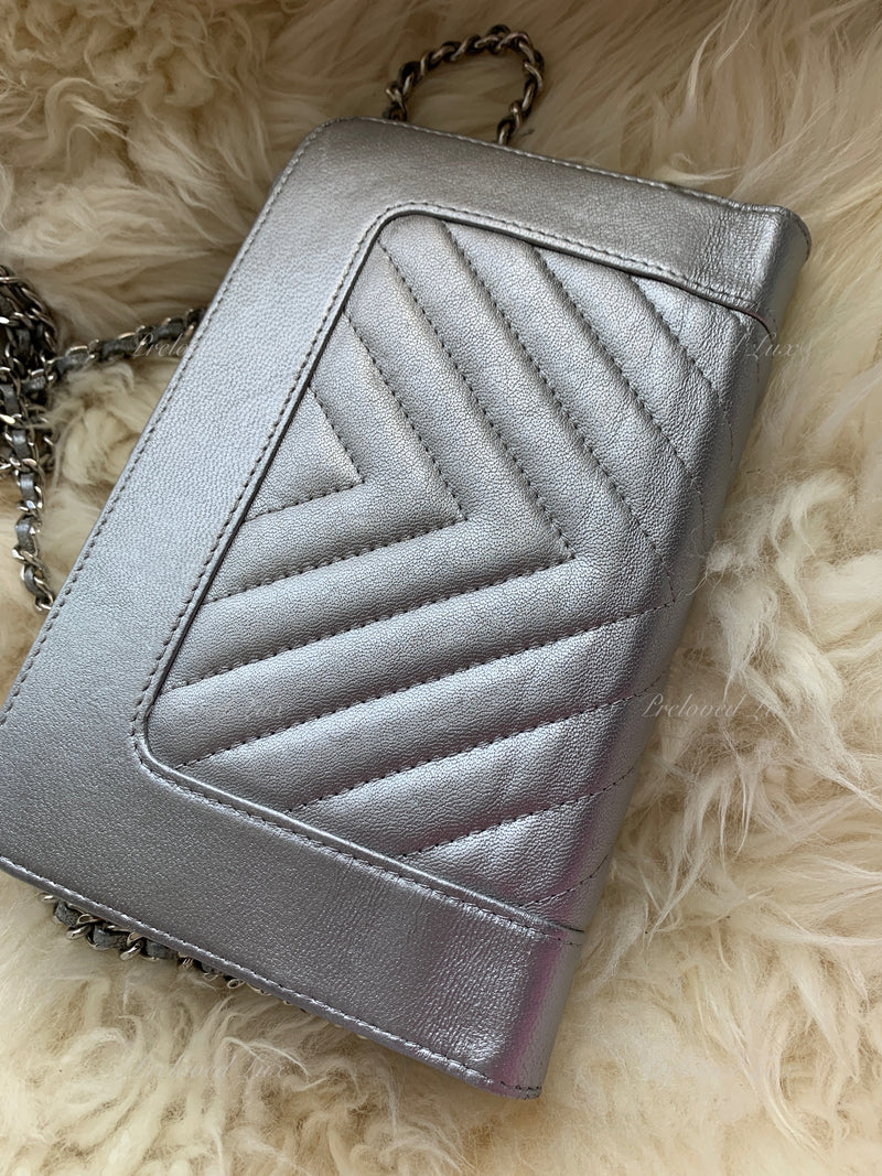 Sold-CHANEL Silver Calfskin Chevron Wallet-on-the-chain WOC Crossbody Flap Bag