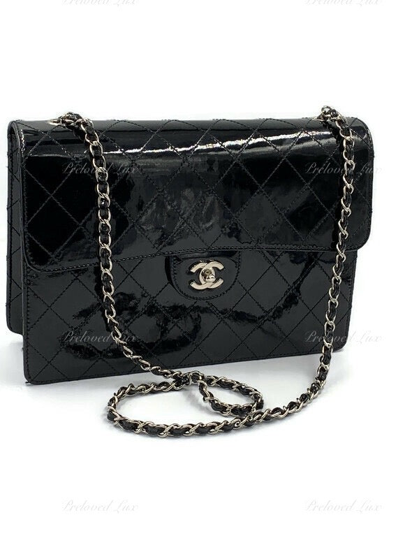chanel black patent leather purse crossbody