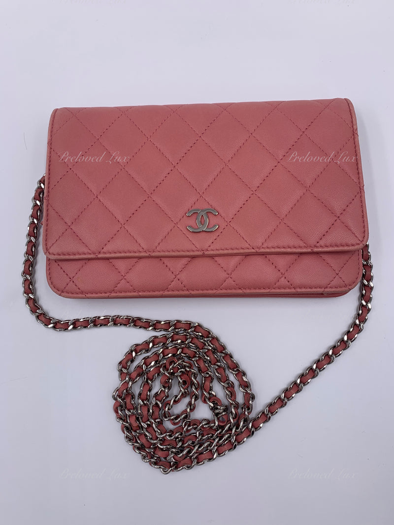 CHANEL Lambskin Quilted Wallet On Chain WOC Light Pink 128293