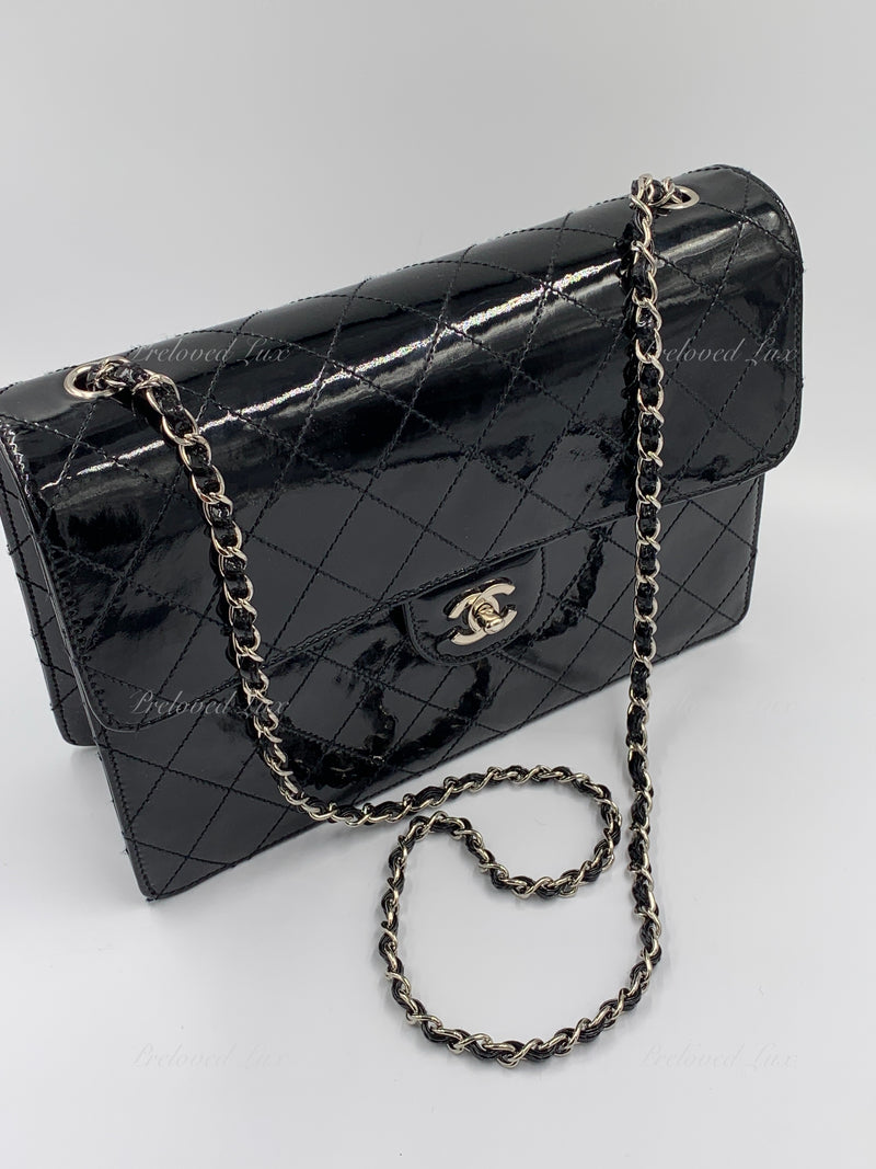 Authentic CHANEL Black Patent Leather Jumbo Size Flap Shoulder Bag  Crossbody SHW