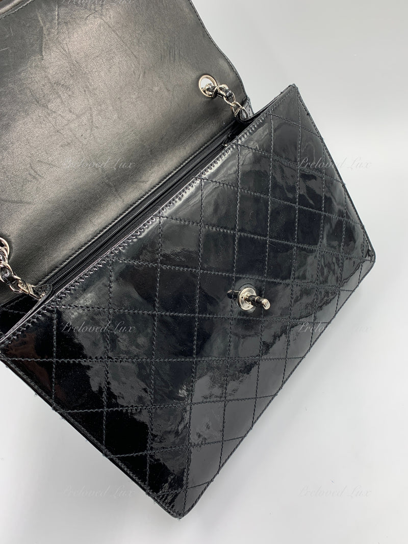 CHANEL Black Patent Leather Jumbo Size Flap Shoulder Bag Crossbody - Silver Hardware