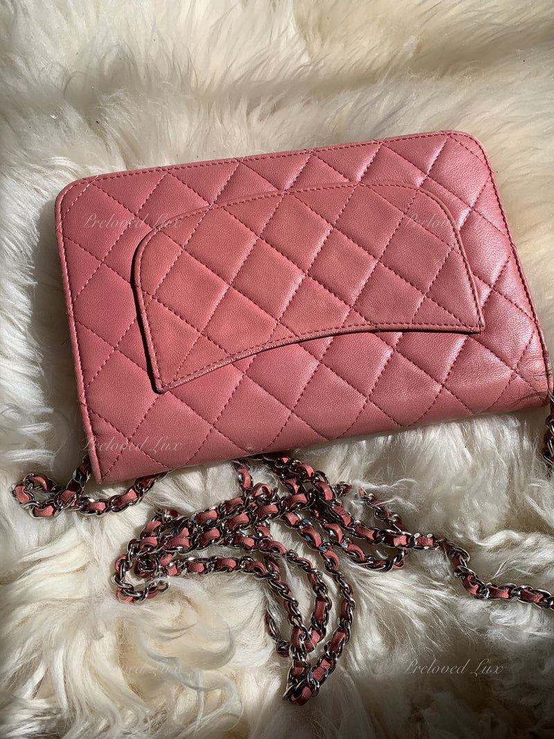 Chanel red caviar leather wallet on chain ( WOC ) with silver hardware