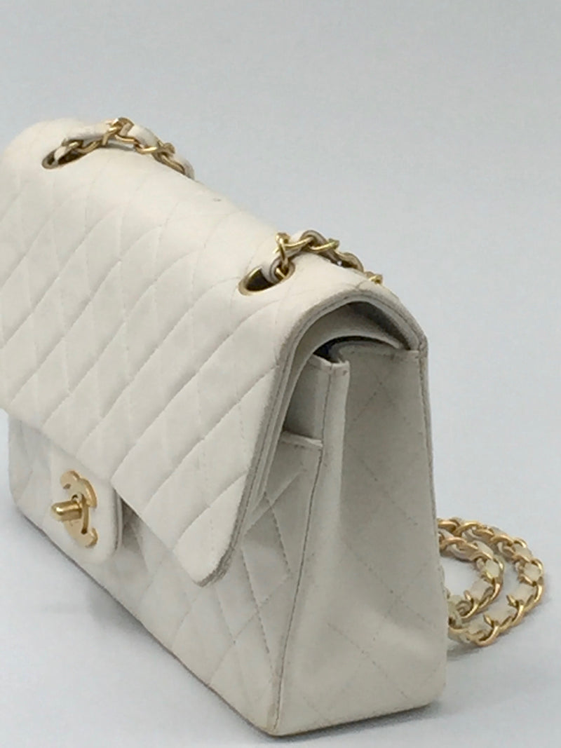 Sold-CHANEL Classic Lambskin Double Chain Double Flap Bag 25 white/gold