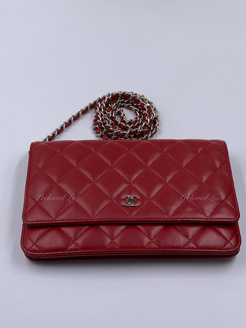 Chanel Wallet on Chain Quilted Woc Red Lambskin Leather Cross Body