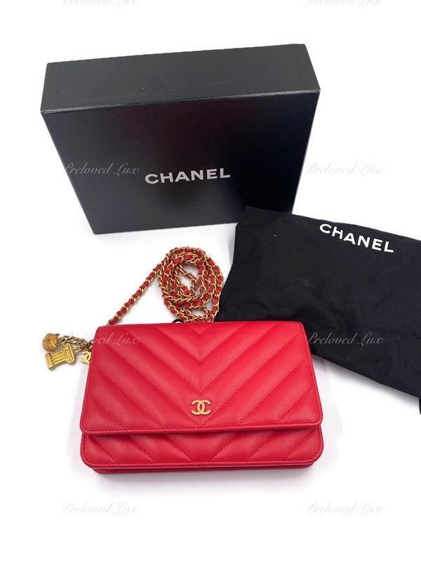 CHANEL Caviar Chevron Ancient Greek Charms Wallet-on-the-chain WOC  Crossbody Flap Bag - Red Gold Hardware - Preloved Lux Canada