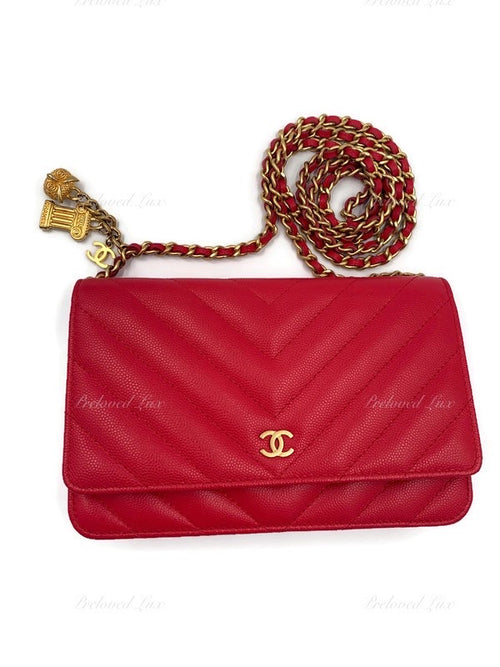 CHANEL Caviar Chevron Ancient Greek Charms Wallet-on-the-chain WOC Crossbody Flap Bag - Red Gold Hardware