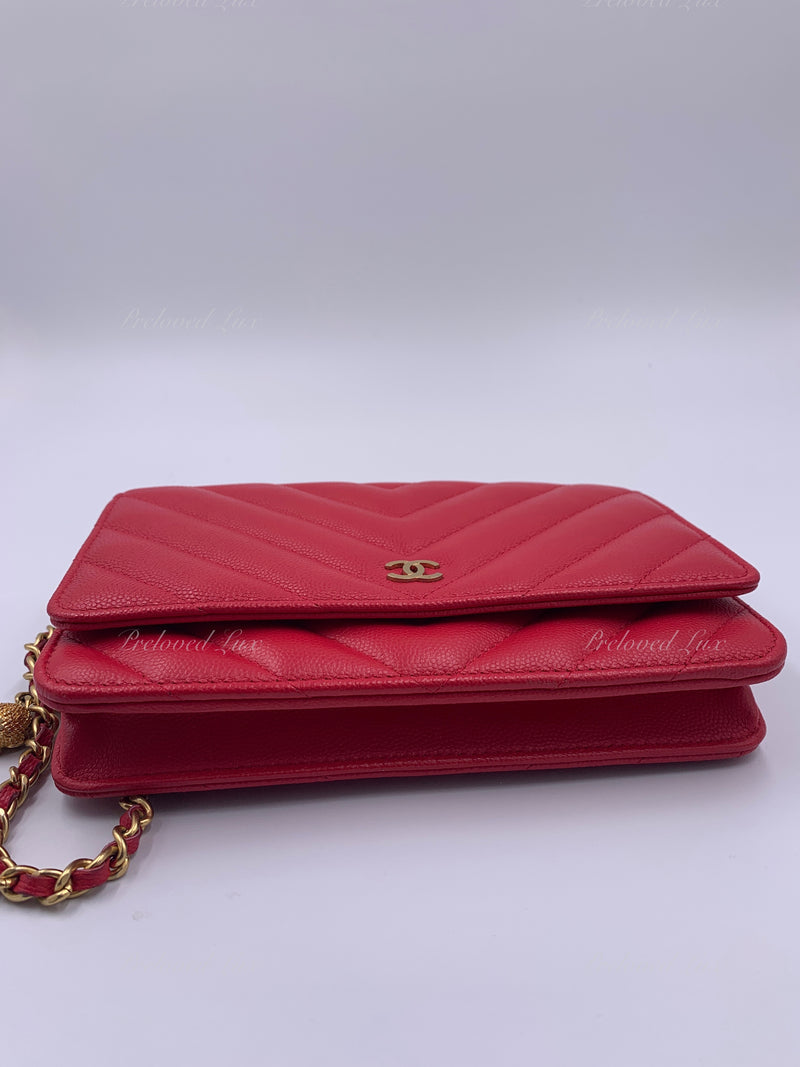 CHANEL Caviar Chevron Ancient Greek Charms Wallet-on-the-chain WOC Crossbody Flap Bag - Red Gold Hardware
