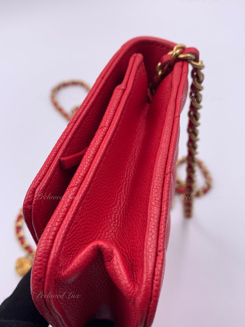 CHANEL Caviar Chevron Ancient Greek Charms Wallet-on-the-chain WOC Crossbody  Flap Bag - Red Gold Hardware - Preloved Lux Canada