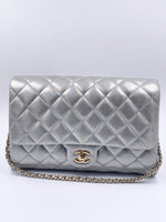 Sold-CHANEL Classic Quilted Flap Metallic Silver Calfskin Shoulder Bag/Clutch