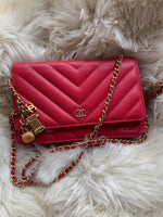 CHANEL Caviar Chevron Ancient Greek Charms Wallet-on-the-chain WOC Crossbody Flap Bag - Red Gold Hardware