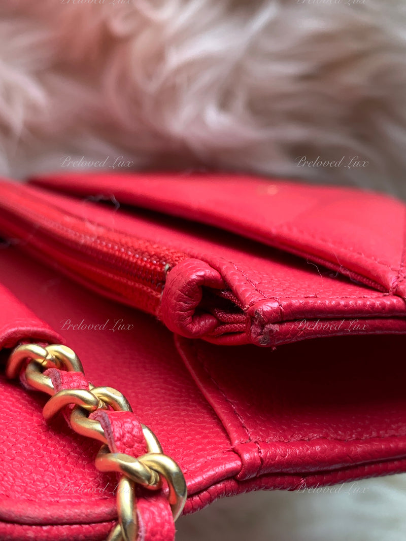 CHANEL Caviar Chevron Ancient Greek Charms Wallet-on-the-chain WOC Crossbody Flap Bag - Red Gold Hardware