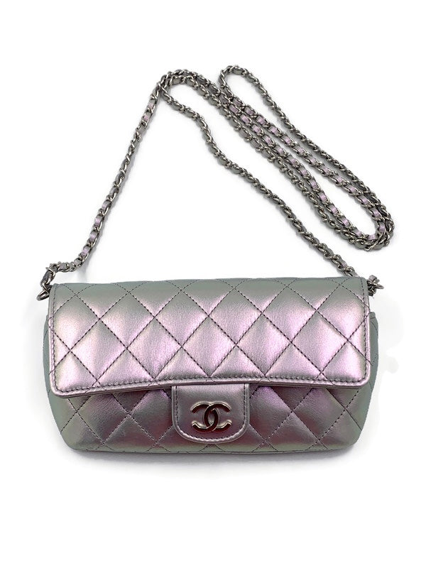 CHANEL Iridescent Purple Calfskin Mini Flap Crossbody Bag in Silver Ha –  Preloved Lux