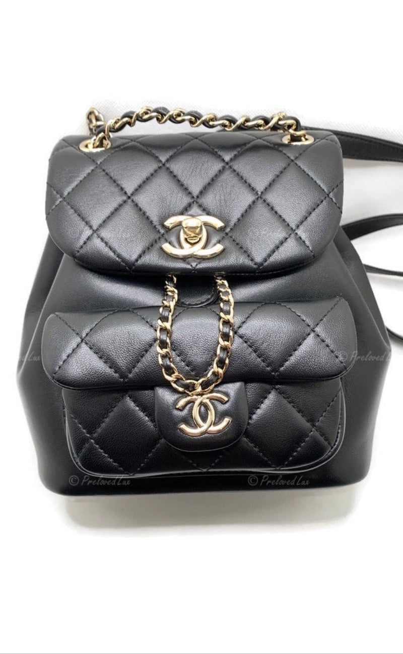 chanel mini leather backpack CHANEL Black lambskin Mini Duma Drawstring Backpack / Gold Hardware – Preloved Lux