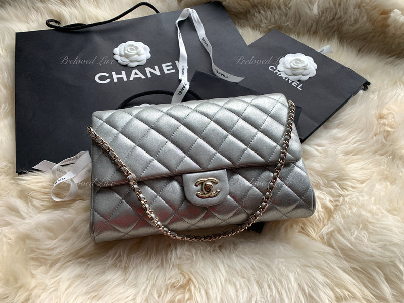 CHANEL Classic Quilted Flap Metallic Silver Calfskin Shoulder Bag two way bag  clutch - Preloved Lux Canada