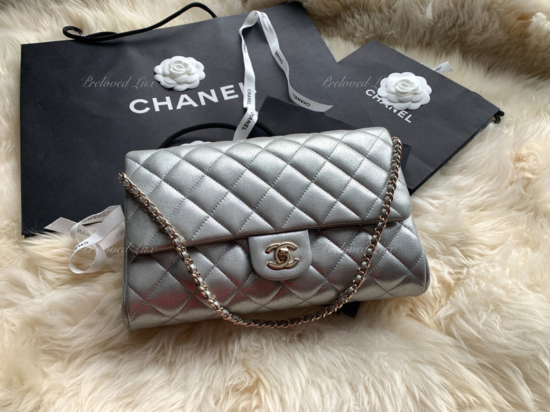 Sold-CHANEL Classic Quilted Flap Metallic Silver Calfskin Shoulder  Bag/Clutch