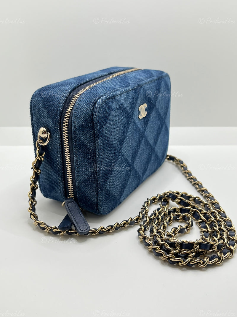 CHANEL Denim Blue Mini Camera Bag in Gold Hardware