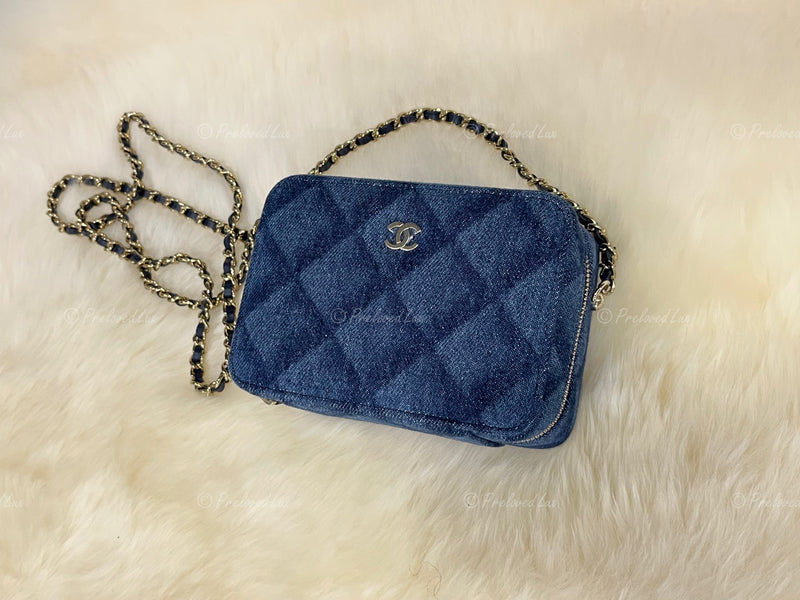 CHANEL Denim Blue Mini Camera Bag in Gold Hardware