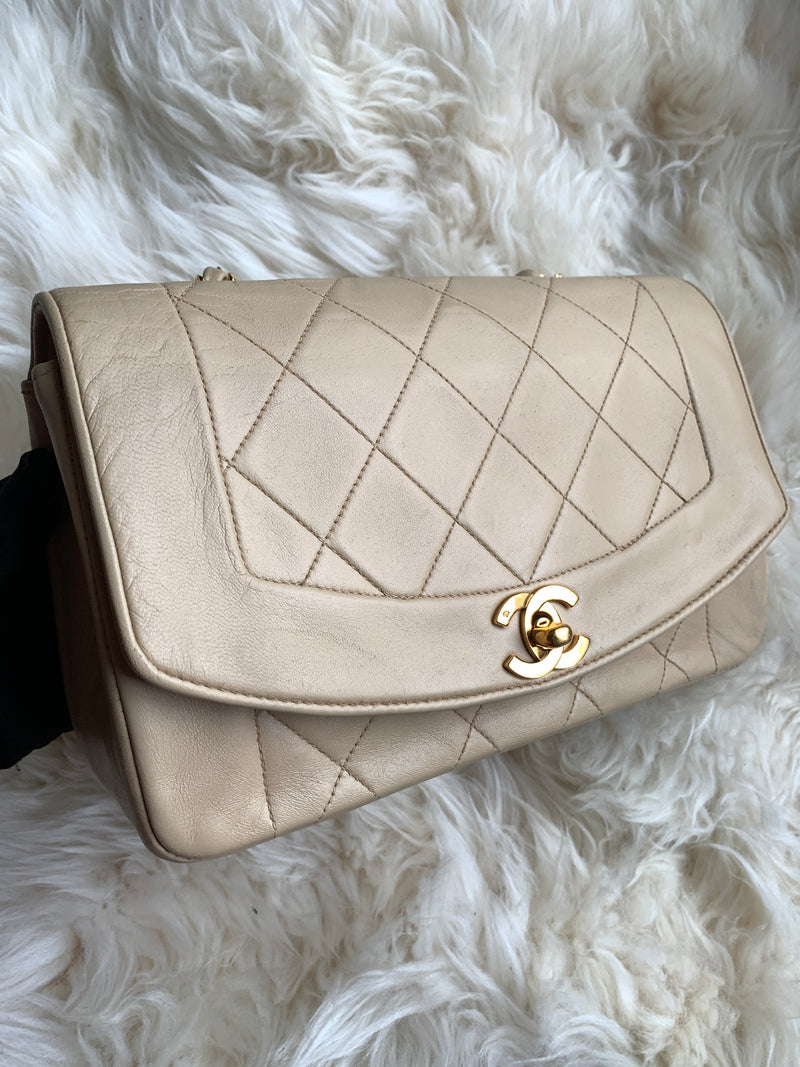 Lambskin Small Diana Single Chain Single Flap Bag Beige Gold Hardware - Vintage Preowned Luxury Preloved Canada