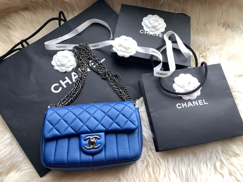 CHANEL CC Calfskin Blue Mini Flap Shoulder Bag/Ruthenium Hardware