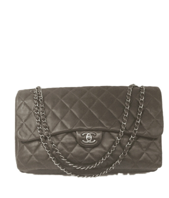 CHANEL Lambskin Double Chain Single Flap Maxi Size Bag Dark Brown Silver  hardware - Preloved Lux Canada