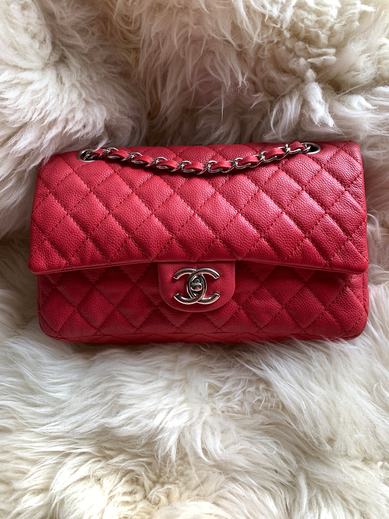 CHANEL Caviar Red Double Flap Shoulder Bag Silver Hardware
